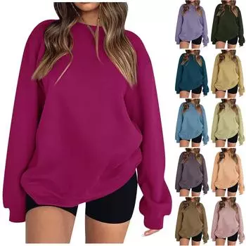 Толстовка с длинным рукавом для женщин, сплошной цвет, графический повседневный пуловер больших размеров, базовые топы S синий
