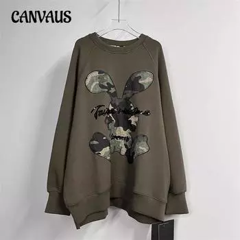 Толстовка с длинным рукавом и вышитыми буквами из мультфильма «Камуфляж Кролик», женская толстовка с капюшоном и круглым вырезом L чёрный