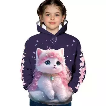 Толстовка с длинными рукавами и ярким графическим принтом в виде мультяшного кота — мягкая, модная, повседневная, для девочек — идеально подходит для осени и зимы, для повседневной носки на открытом воздухе, идеи подарков 100CM