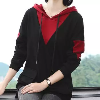 Толстовка с хлопковой подкладкой, женская осенняя удобная толстовка с капюшоном большого размера и длинными рукавами, повседневный спортивный пуловер, топ L чёрный