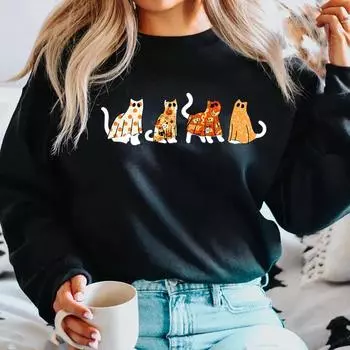 Толстовка с изображением кота на Хэллоуин, черная толстовка с изображением кота и тыквы, толстовка с капюшоном, жуткий свитер с изображением кота-призрака, милый свитер с круглым вырезом для любителей кошек S серый