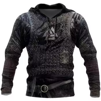 Толстовка с капюшоном 3d Viking Harajuku Print Pullover Мужская толстовка с капюшоном свободного покроя Винтажная мужская одежда Осень с длинным рукавом с капюшоном S