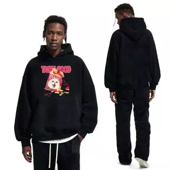 Толстовка с капюшоном American Ins Retro High Street Potato Chips Cat для мальчиков, теплая и супер горячая, свободная, универсальная куртка Y2K, верхняя часть M чёрный