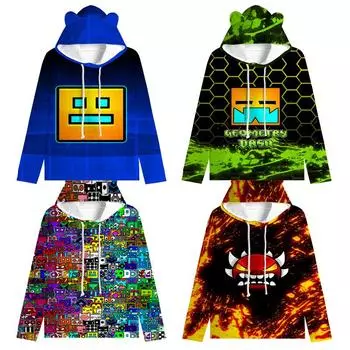 Толстовка с капюшоном Angry Geometry Dash для детей, для мальчиков и девочек, толстовка Harajuku, уличная одежда, хип-хоп, кавайный свитер с кошачьими ушками, куртка с капюшоном 100 белый