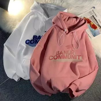 Толстовка с капюшоном большого размера, женская весна и осень, универсальные удобные свободные топы, пуловер с круглым вырезом, сплошной цвет с принтом M белый