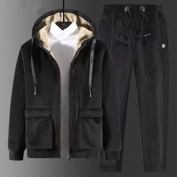 Толстовка с капюшоном + брюки, комплект из 2 предметов, мужской спортивный костюм, утепленный флис, спортивная одежда, повседневный мужской спортивный костюм, зимний спортивный костюм S