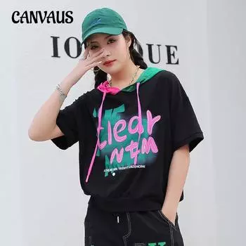 Толстовка с капюшоном Clashing, женская летняя футболка больших размеров, свободный пуловер с буквенным принтом, топ