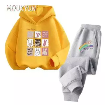 Толстовка с капюшоном для девочек, комплект из двух частей, 4 цвета, 100-160 см, детский комплект с мультяшным принтом 100 жёлтый