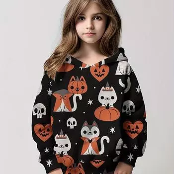 Толстовка с капюшоном для девочек на Хэллоуин с принтом тыквы и кошек на осень/зиму, детская одежда 100