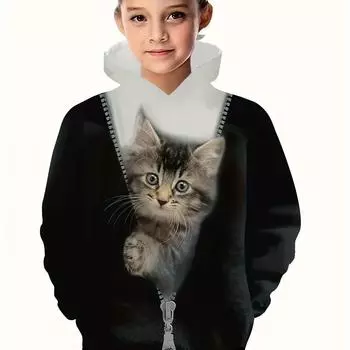 Толстовка с капюшоном для девочек с милым котенком, напечатанная на 3D-принтере, повседневный дышащий полиэстеровый свитер с цветными блоками 100