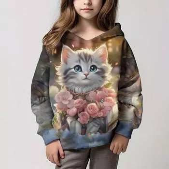 Толстовка с капюшоном для девочек с рисунком кота из мультфильма, детская одежда для девочек от 1 до 12 лет, удобная толстовка с длинным рукавом, детская одежда 100CM