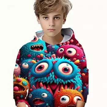 Толстовка с капюшоном для мальчиков с 3D-принтом в виде разноцветного монстра из мультфильма. Стильная и удобная одежда для весны, осени и зимы, которая станет незаменимой вещью для вашей маленькой модницы! 100