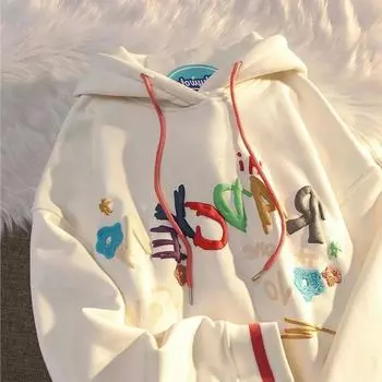 Толстовка с капюшоном для женщин, свободный спортивный свитер с длинными рукавами и цветными буквами большого размера L белый