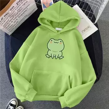 Толстовка с капюшоном Frog, одежда Harajuku с длинным рукавом и капюшоном Kawaii, толстовка для девочек, зимние флисовые толстовки с карманом, зеленые топы S