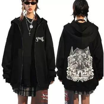 Толстовка с капюшоном Ghost Band Zipper, осень-зима, для мужчин и женщин, повседневная, свободного покроя, мужская, винтажная, готическая, рок, металлическая, на молнии S