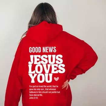Толстовка с капюшоном Good News Jesus Loves You Христианская толстовка с капюшоном Jesus Trendy Hoodie Рубашка с библейским стихом Унисекс Эстетическая одежда S розовый
