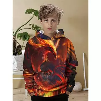 Толстовка с капюшоном и цифровым принтом Fire-Inspired для мальчиков, повседневная, из смеси полиэстера и спандекса, с длинными рукавами, слегка эластичная 100CM