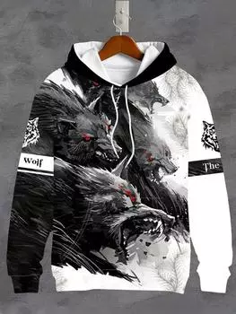 Толстовка с капюшоном и длинными рукавами с принтом свирепого волка и карманом-кенгуру, мужская спортивная толстовка с капюшоном M чёрный