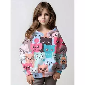 Толстовка с капюшоном и длинными рукавами с 3D принтом разноцветных кошек для девочек, пуловеры, удобные повседневные толстовки с героями мультфильмов, топы, толстовки для девочек, одежда 100CM