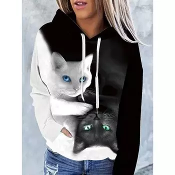 Толстовка с капюшоном и карманом-кенгуру с принтом кота, удобная толстовка с длинным рукавом и завязками, в повседневном стиле, регулируемая, женская модная одежда для повседневной носки S