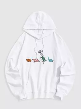 Толстовка с капюшоном и карманом-кенгуру ZAFUL Streetwear с принтом мультяшного динозавра S белый