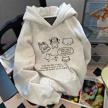 Толстовка с капюшоном и милым принтом кота и карманом-кенгуру, повседневная толстовка с капюшоном и завязками на зиму и осень, женская одежда M белый