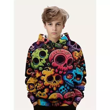 Толстовка с капюшоном и принтом 3D-черепов для мальчиков. Модная толстовка, которая идеально подходит для согревания вашего маленького принца. 100