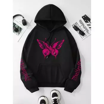 Толстовка с капюшоном и принтом «бабочка и письмо», повседневная толстовка с капюшоном и карманом-кенгуру с длинным рукавом, женская одежда S
