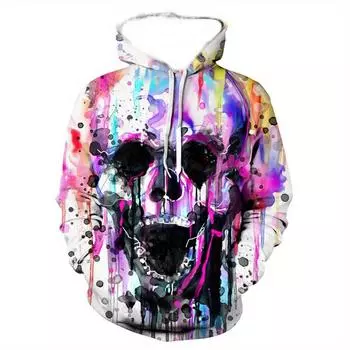 Толстовка с капюшоном и принтом черепа для мужчин больших размеров с регулируемым шнурком и дизайном пуловера для повседневного стиля S