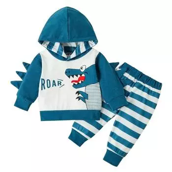 Толстовка с капюшоном и принтом динозавра для маленьких мальчиков, комплект из двух предметов, полосатые штаны S