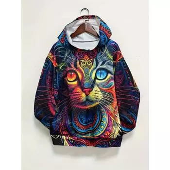 Толстовка с капюшоном и принтом кота по всей поверхности, повседневная толстовка с капюшоном и карманом-кенгуру с длинными рукавами, женская одежда S