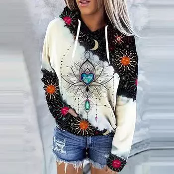 Толстовка с капюшоном и принтом Луны, повседневная, с длинным рукавом, с капюшоном, женская одежда S