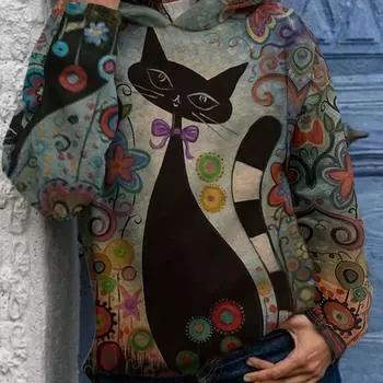 Толстовка с капюшоном и принтом мультяшного кота, повседневная, с длинным рукавом, с заниженной линией плеч, женская одежда на весну и осень S