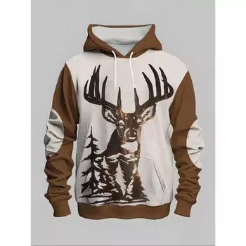 Толстовка с капюшоном и принтом оленя 3D размера плюс – мужской повседневный трикотажный свитер из полиэстера с капюшоном, карманом и средней эластичностью 2XL