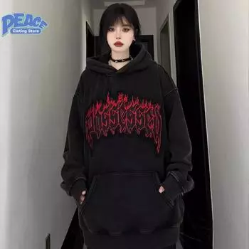 Толстовка с капюшоном и принтом в виде букв в стиле ретро для мужчин и женщин, модный тренд осени и зимы, повседневный, удобный, толстый, уличный стиль S