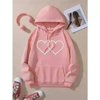 Толстовка с капюшоном и принтом в виде сердца, повседневная, с карманом, длинным рукавом, на шнурке, толстовка, женская одежда S