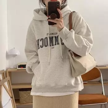 Толстовка с капюшоном и пуловером с буквенным принтом для женщин, свободный топ с длинными рукавами One size серый