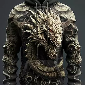 Толстовка с капюшоном и ярким 3D-драконом больших размеров для мужчин — удобная, яркая и идеально подходит для весны и осени S