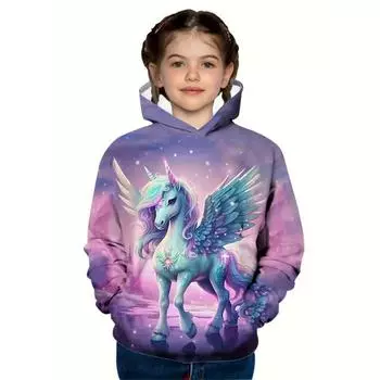 Толстовка с капюшоном и рисунком в виде мультяшного единорога для девочек, 3D-принт, удобный свитер для девочек, модная одежда на весну и осень 100CM