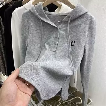 Толстовка с капюшоном и вышивкой букв в иностранном стиле, приталенная футболка с длинными рукавами, топ M белый