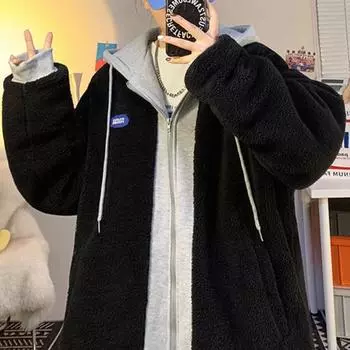 Толстовка с капюшоном из имитации овечьей шерсти в стиле пэчворк, на молнии, с карманами на шнурке, с цветными блоками, зимнее толстое теплое пальто, свободная толстовка с капюшоном, подарок для пары M чёрный