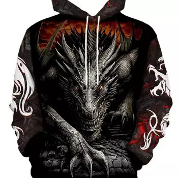 Толстовка с капюшоном из полиэстера с изображением дракона больших размеров, с капюшоном на шнурке, с длинным рукавом, 3D-принт, повседневная модная одежда S