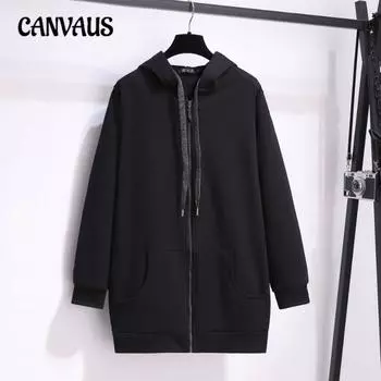 Толстовка с капюшоном из толстого флиса средней длины на молнии для женщин осенне-зимнего периода больших размеров XL чёрный