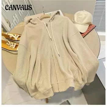 Толстовка с капюшоном из вафельной ткани, женская, большого размера, осенняя, свободная, женская, на молнии, кардиган