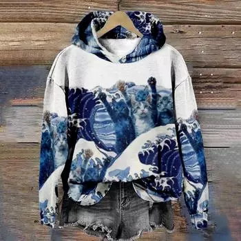 Толстовка с капюшоном Kawaii Cat для женщин Kanagawa Surf and Cat Harajuku с длинным рукавом, повседневная S