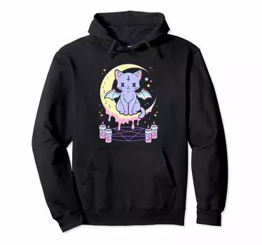 Толстовка с капюшоном Kawaii Pastel Goth Cute Creepy Black Cat чёрный