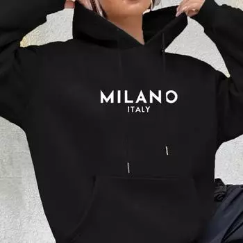 Толстовка с капюшоном Milano Print Kangaroo Pocket, повседневная толстовка с капюшоном и длинным рукавом, женская одежда XS чёрный