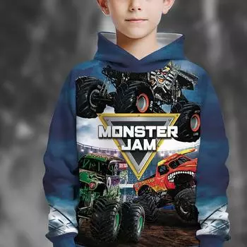 Толстовка с капюшоном Monster Truck для мальчиков с 3D-принтом, крутой свитер с длинными рукавами и карманом, повседневная креативная толстовка с капюшоном 100