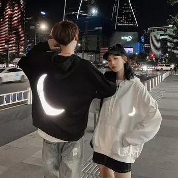 Толстовка с капюшоном Moon Reflection большого размера в стиле хип-хоп для пар Ins Man Толстовки Streetwear для мужчин Осень-зима Plus Velvet Hoodies XXXL белый