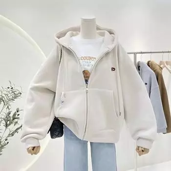 Толстовка с капюшоном на флисовой подкладке, женская, свободного кроя, практичная, нишевая, утягивающая, универсальная, большого размера, повседневная, модная куртка для девушек XXL серый